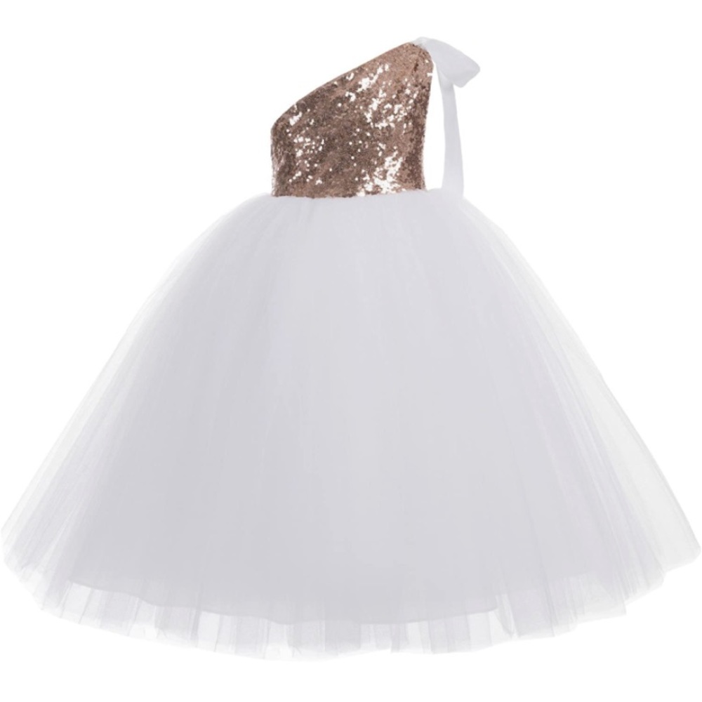 Girl’s Rose Gold & White One Shoulder Tie Dress
